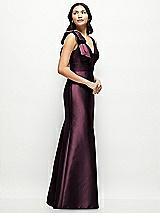 Side View Thumbnail - Deep Plum Deep V-back Satin Trumpet Dress with Cascading Bow at One Shoulder