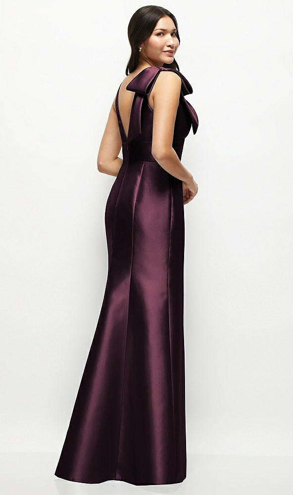 Back View - Deep Plum Deep V-back Satin Trumpet Dress with Cascading Bow at One Shoulder