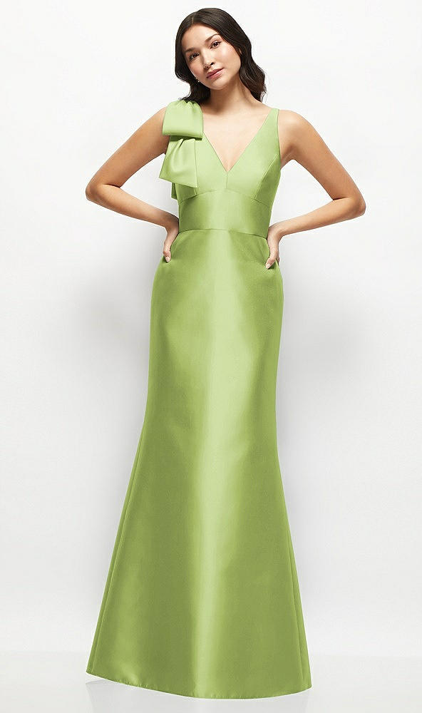 Front View - Mojito Deep V-back Satin Trumpet Dress with Cascading Bow at One Shoulder