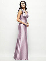 Side View Thumbnail - Suede Rose Deep V-back Satin Trumpet Dress with Cascading Bow at One Shoulder