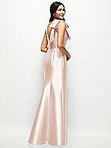 Rear View Thumbnail - Blush Deep V-back Satin Trumpet Dress with Cascading Bow at One Shoulder