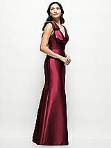 Side View Thumbnail - Cabernet Deep V-back Satin Trumpet Dress with Cascading Bow at One Shoulder