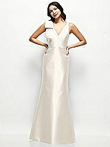 Front View Thumbnail - Ivory Deep V-back Satin Trumpet Dress with Cascading Bow at One Shoulder
