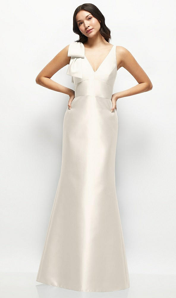 Front View - Ivory Deep V-back Satin Trumpet Dress with Cascading Bow at One Shoulder