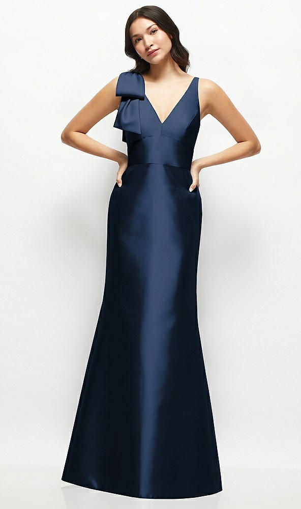 Front View - Midnight Navy Deep V-back Satin Trumpet Dress with Cascading Bow at One Shoulder