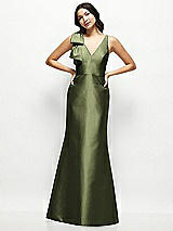 Front View Thumbnail - Olive Green Deep V-back Satin Trumpet Dress with Cascading Bow at One Shoulder