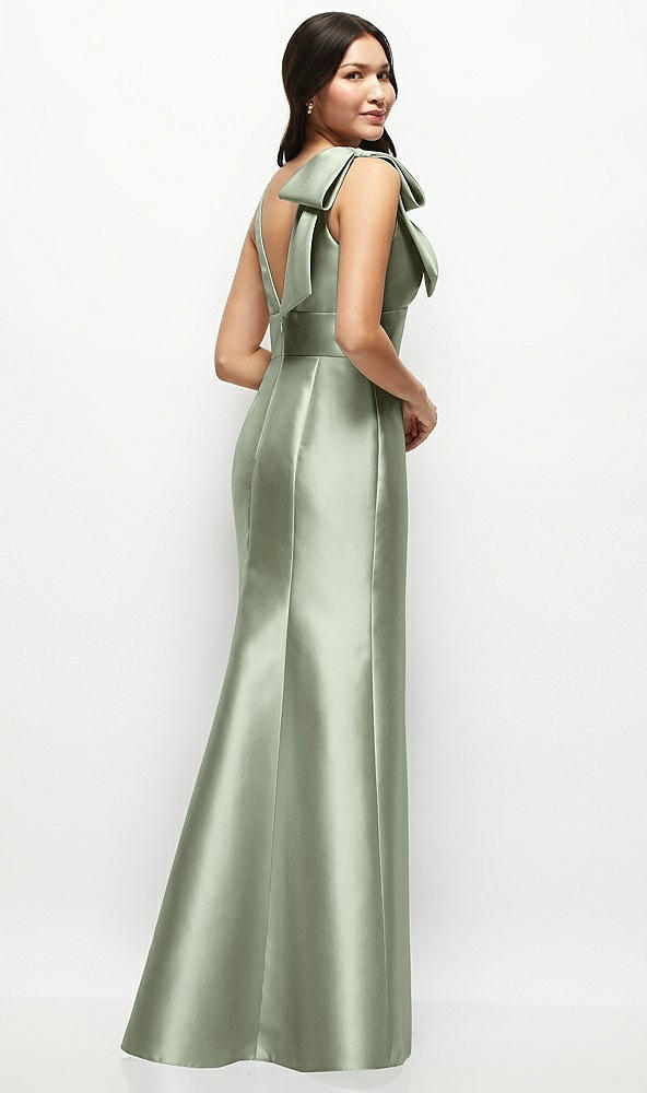 Back View - Sage Deep V-back Satin Trumpet Dress with Cascading Bow at One Shoulder