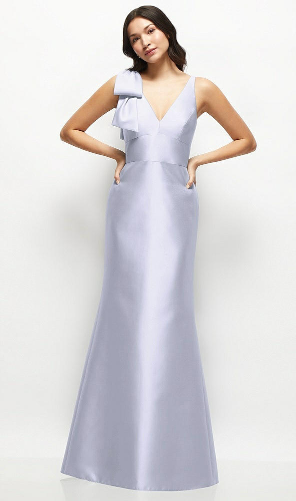 Front View - Silver Dove Deep V-back Satin Trumpet Dress with Cascading Bow at One Shoulder