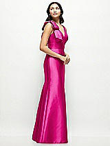 Side View Thumbnail - Think Pink Deep V-back Satin Trumpet Dress with Cascading Bow at One Shoulder
