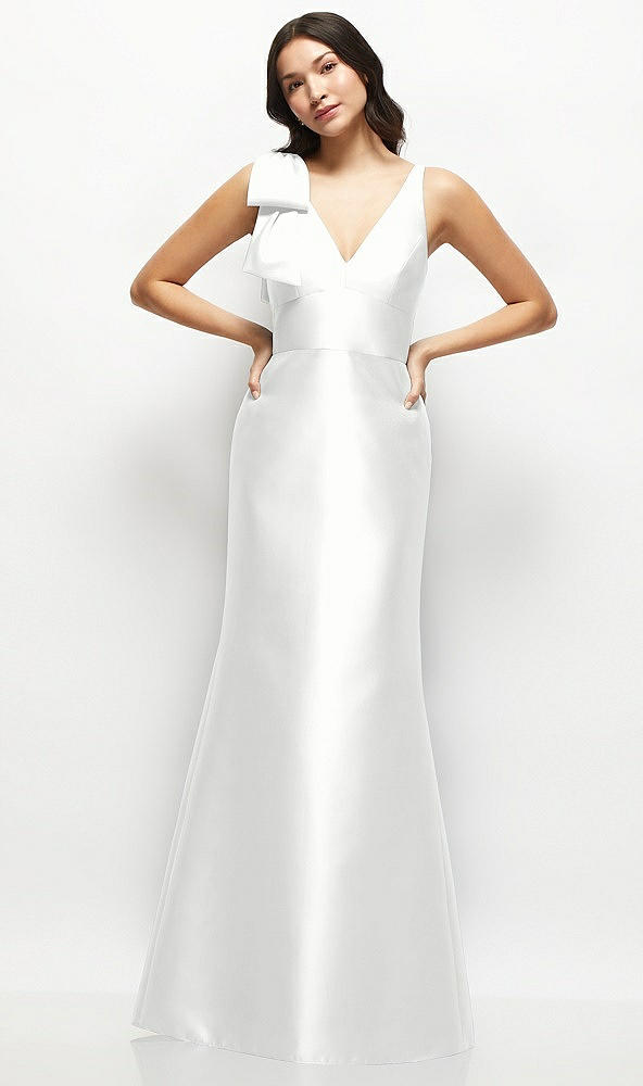 Front View - White Deep V-back Satin Trumpet Dress with Cascading Bow at One Shoulder