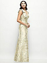 Side View Thumbnail - Butter Yellow Floral Deep V-back Floral Satin Trumpet Dress with One-Shoulder Cascading Bow