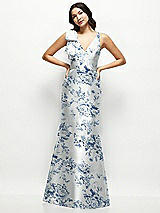 Front View Thumbnail - Cottage Rose Larkspur Deep V-back Floral Satin Trumpet Dress with One-Shoulder Cascading Bow