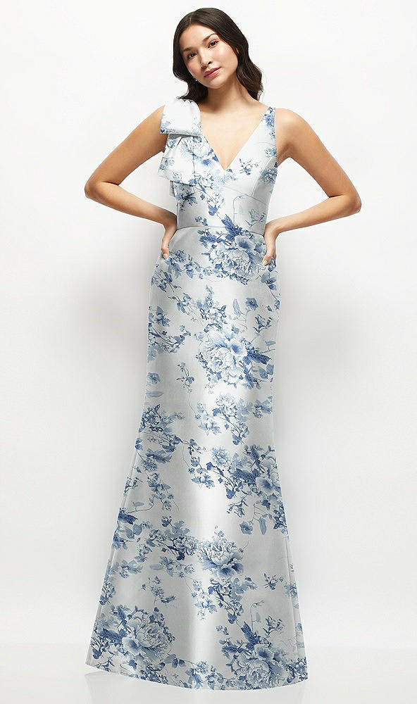 Front View - Cottage Rose Larkspur Deep V-back Floral Satin Trumpet Dress with One-Shoulder Cascading Bow