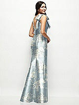 Rear View Thumbnail - Porcelain Blue Seraphina Floral Deep V-back Floral Satin Trumpet Dress with One-Shoulder Cascading Bow
