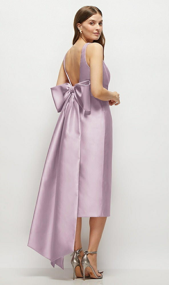 Back View - Suede Rose Scoop Neck Corset Satin Midi Dress with Floor-Length Bow Tails