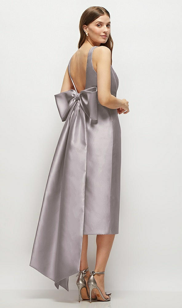 Back View - Cashmere Gray Scoop Neck Corset Satin Midi Dress with Floor-Length Bow Tails