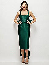Front View Thumbnail - Hunter Green Scoop Neck Corset Satin Midi Dress with Floor-Length Bow Tails