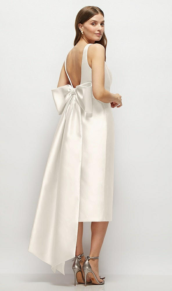 Back View - Ivory Scoop Neck Corset Satin Midi Dress with Floor-Length Bow Tails