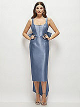 Front View Thumbnail - Larkspur Blue Scoop Neck Corset Satin Midi Dress with Floor-Length Bow Tails