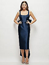 Front View Thumbnail - Midnight Navy Scoop Neck Corset Satin Midi Dress with Floor-Length Bow Tails