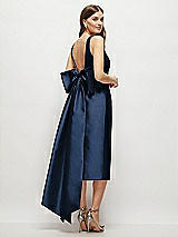 Rear View Thumbnail - Midnight Navy Scoop Neck Corset Satin Midi Dress with Floor-Length Bow Tails