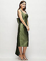Side View Thumbnail - Olive Green Scoop Neck Corset Satin Midi Dress with Floor-Length Bow Tails