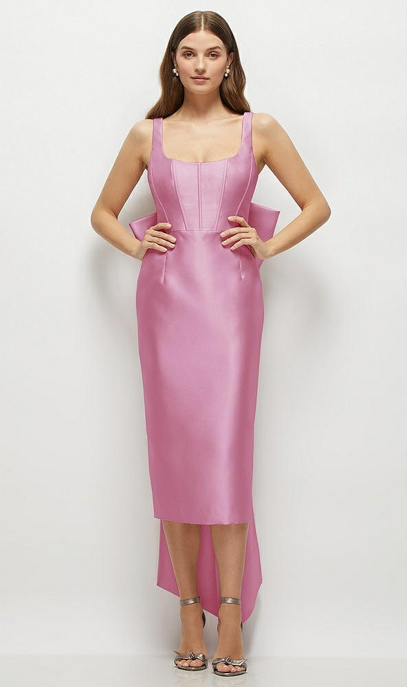 Front View - Powder Pink Scoop Neck Corset Satin Midi Dress with Floor-Length Bow Tails