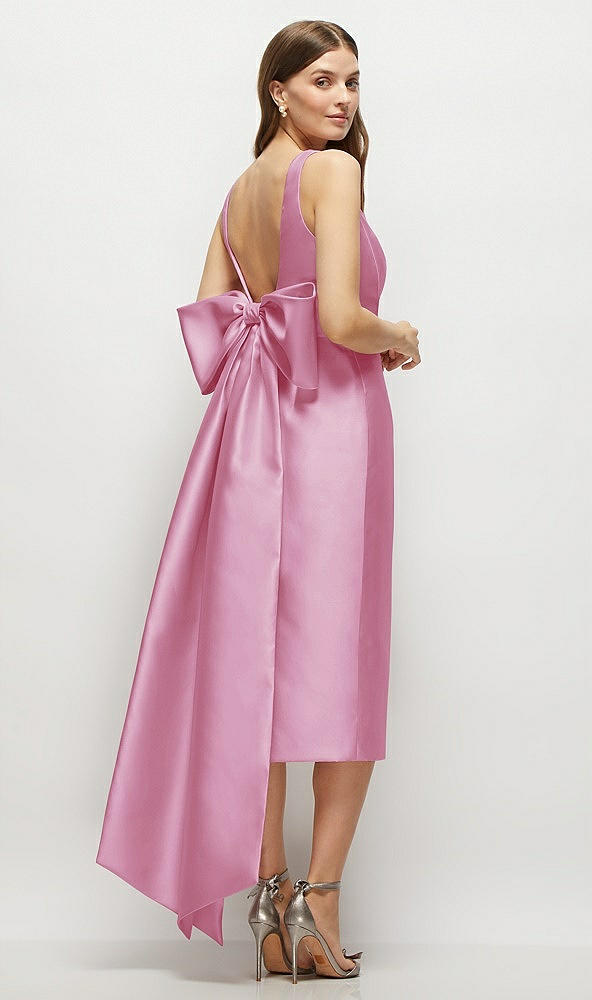 Back View - Powder Pink Scoop Neck Corset Satin Midi Dress with Floor-Length Bow Tails