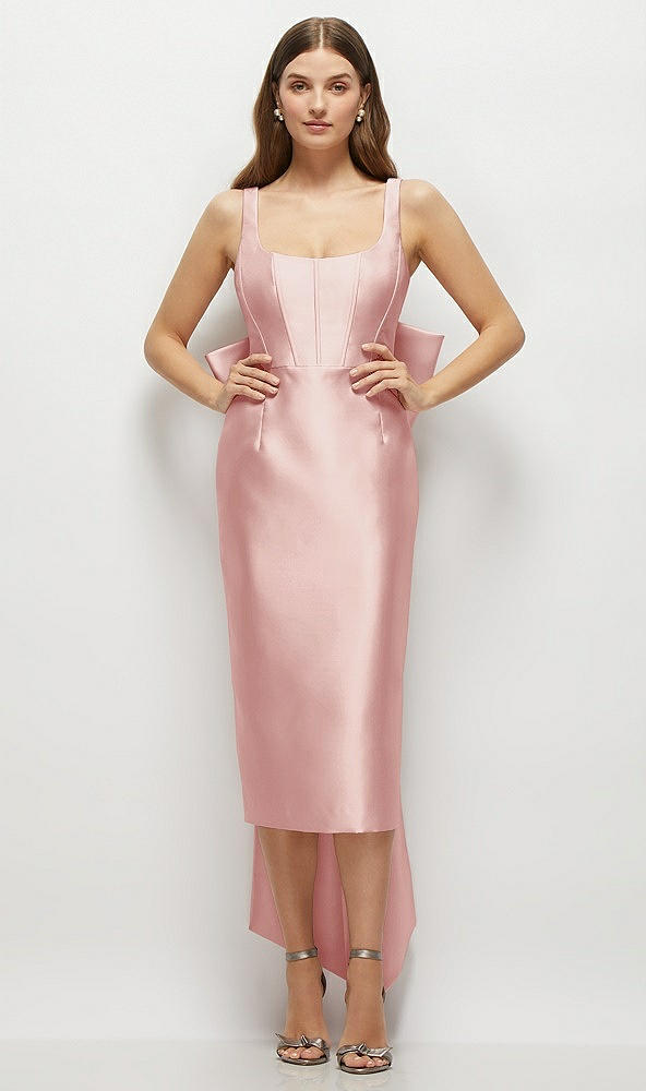 Front View - Rose Scoop Neck Corset Satin Midi Dress with Floor-Length Bow Tails
