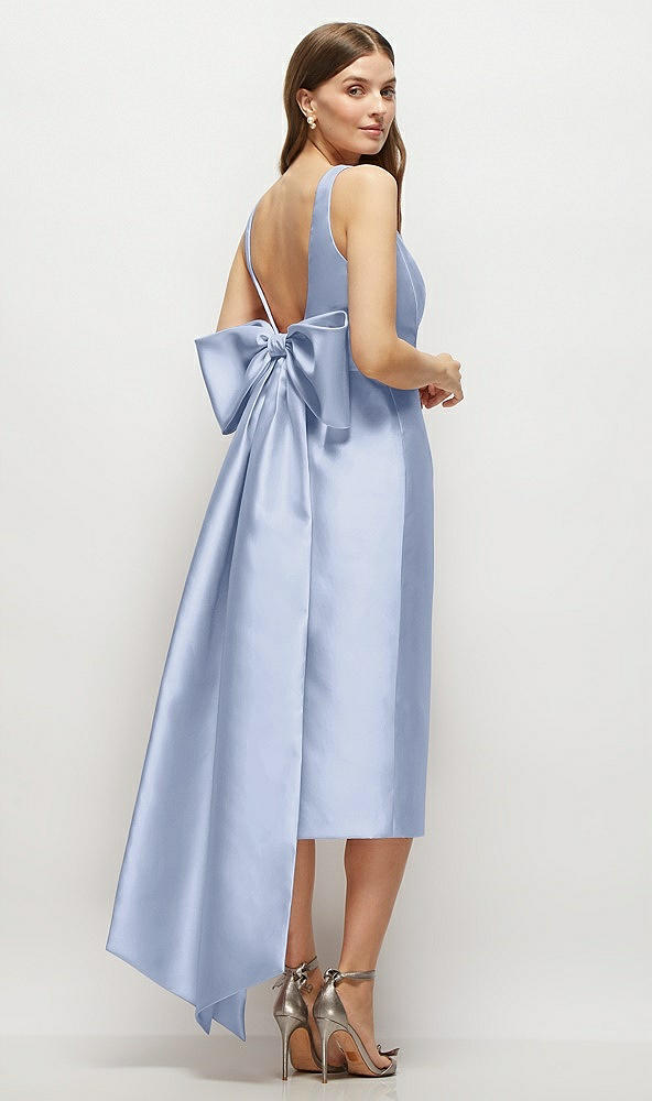 Back View - Sky Blue Scoop Neck Corset Satin Midi Dress with Floor-Length Bow Tails