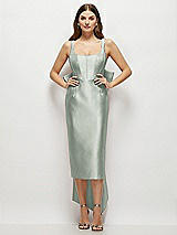 Front View Thumbnail - Willow Green Scoop Neck Corset Satin Midi Dress with Floor-Length Bow Tails