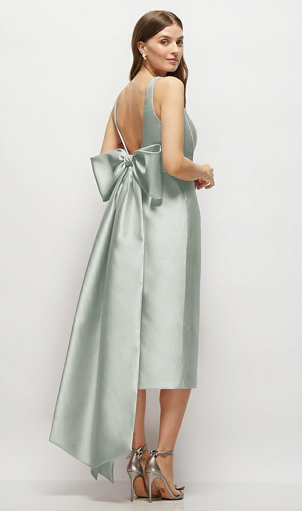 Back View - Willow Green Scoop Neck Corset Satin Midi Dress with Floor-Length Bow Tails