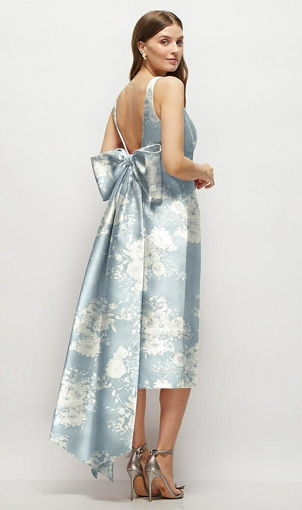 Back View - Porcelain Blue Seraphina Floral Floral Scoop Neck Corset Satin Midi Dress with Floor-Length Bow Tails