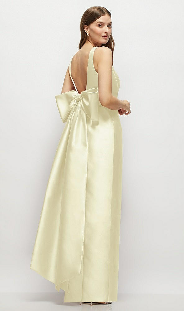 Front View - Butter Yellow Scoop Neck Corset Satin Maxi Dress with Floor-Length Bow Tails