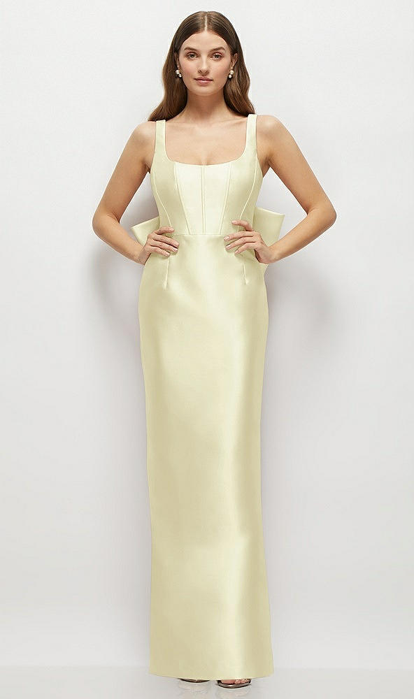 Back View - Butter Yellow Scoop Neck Corset Satin Maxi Dress with Floor-Length Bow Tails