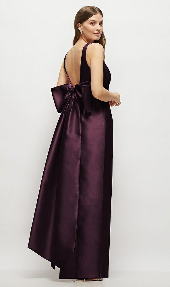 Front View - Deep Plum Scoop Neck Corset Satin Maxi Dress with Floor-Length Bow Tails