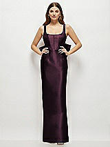 Rear View Thumbnail - Deep Plum Scoop Neck Corset Satin Maxi Dress with Floor-Length Bow Tails