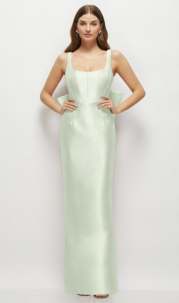 Back View - Mint Green Scoop Neck Corset Satin Maxi Dress with Floor-Length Bow Tails