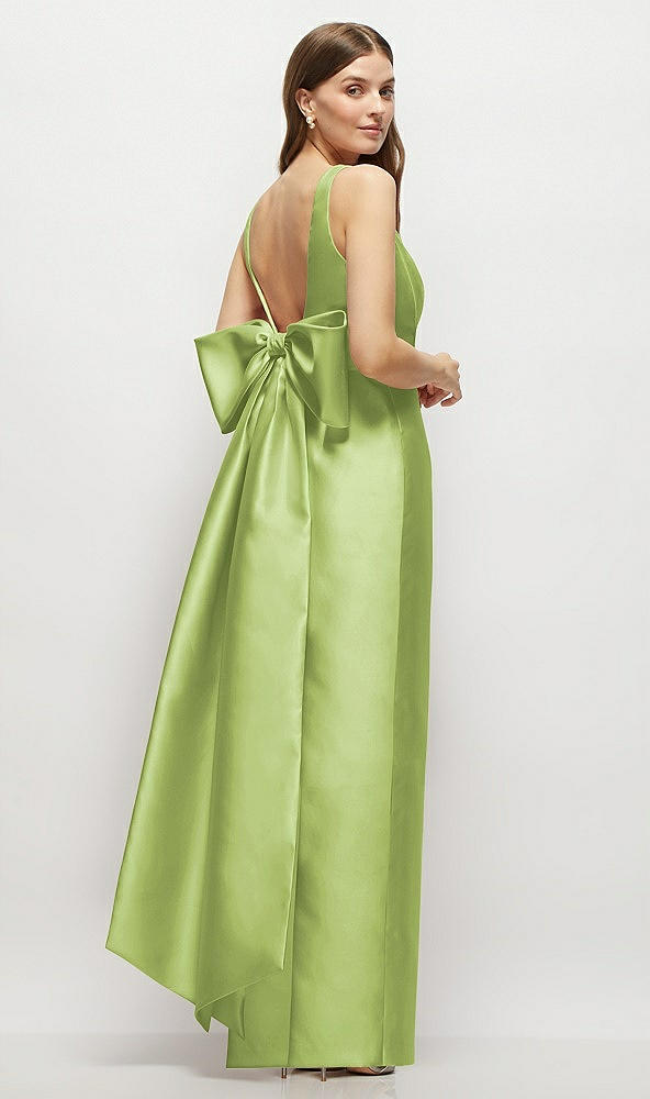Front View - Mojito Scoop Neck Corset Satin Maxi Dress with Floor-Length Bow Tails