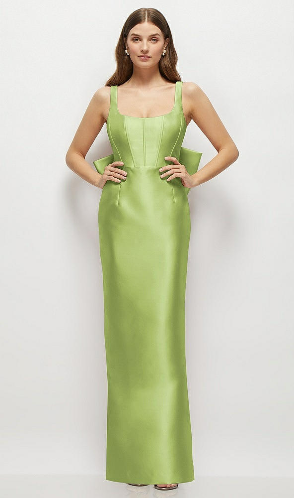 Back View - Mojito Scoop Neck Corset Satin Maxi Dress with Floor-Length Bow Tails
