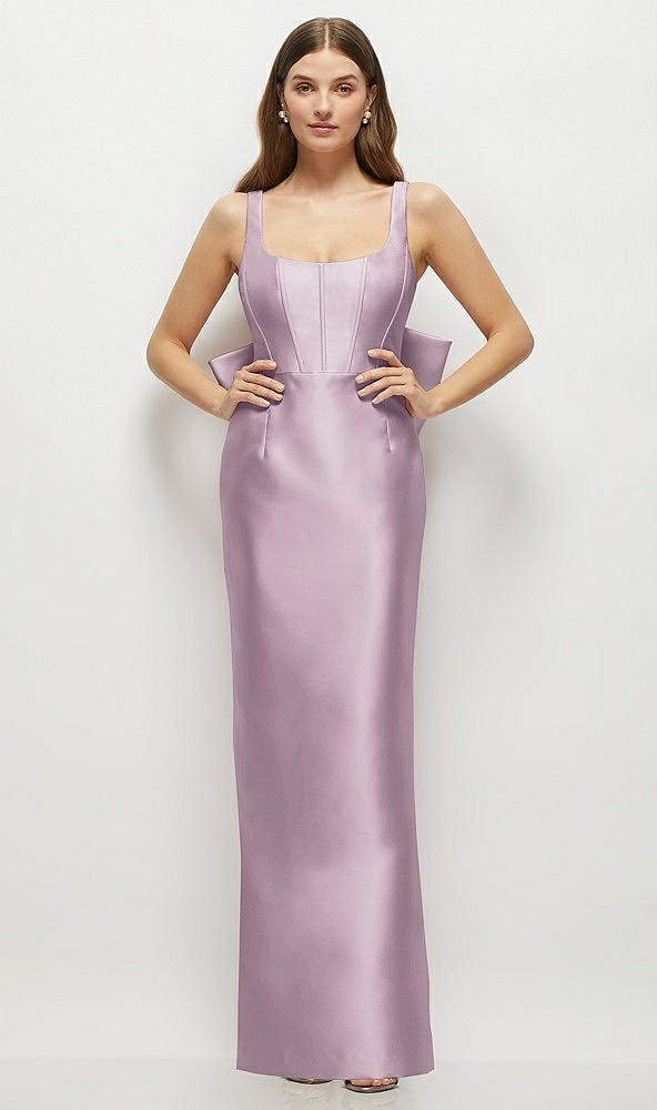Back View - Suede Rose Scoop Neck Corset Satin Maxi Dress with Floor-Length Bow Tails