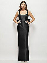 Rear View Thumbnail - Black Scoop Neck Corset Satin Maxi Dress with Floor-Length Bow Tails
