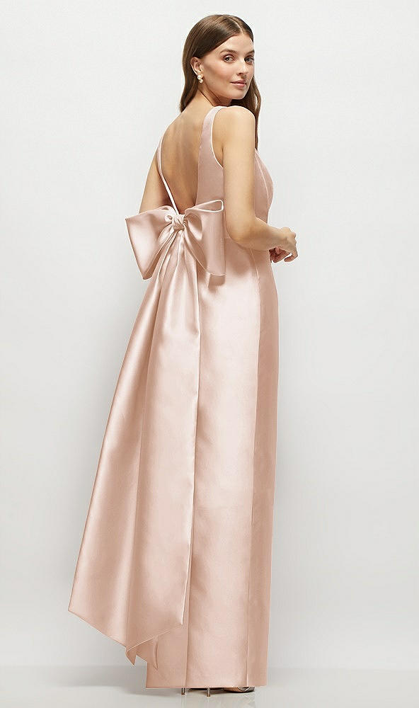 Front View - Cameo Scoop Neck Corset Satin Maxi Dress with Floor-Length Bow Tails