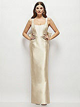 Rear View Thumbnail - Champagne Scoop Neck Corset Satin Maxi Dress with Floor-Length Bow Tails