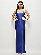 Rear View Thumbnail - Cobalt Blue Scoop Neck Corset Satin Maxi Dress with Floor-Length Bow Tails