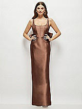 Rear View Thumbnail - Cognac Scoop Neck Corset Satin Maxi Dress with Floor-Length Bow Tails