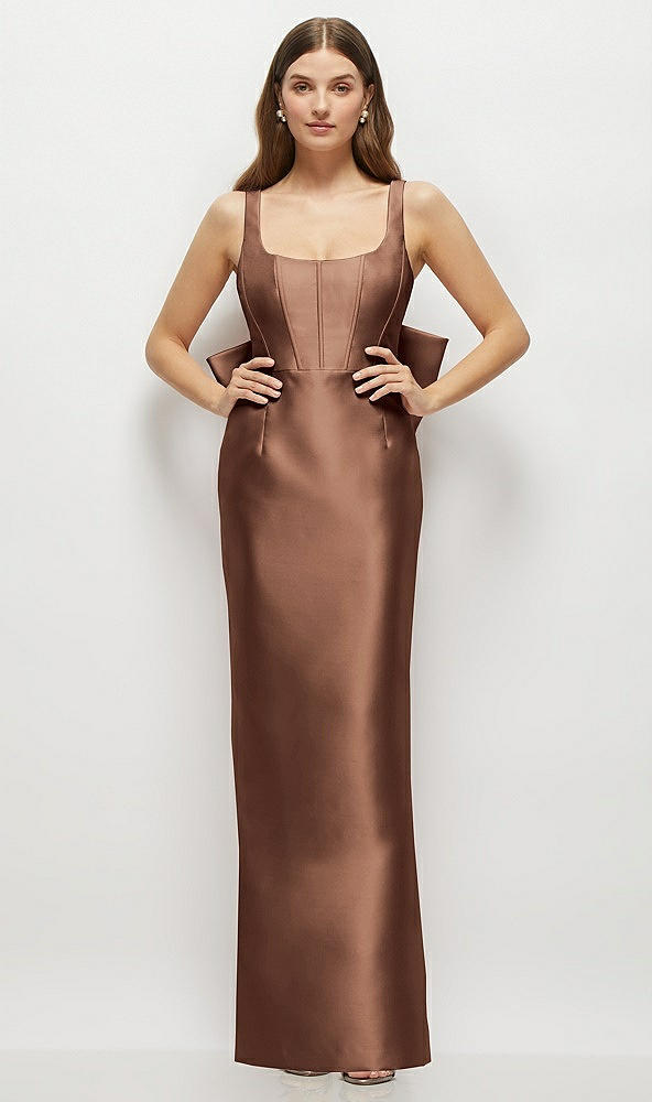Back View - Cognac Scoop Neck Corset Satin Maxi Dress with Floor-Length Bow Tails