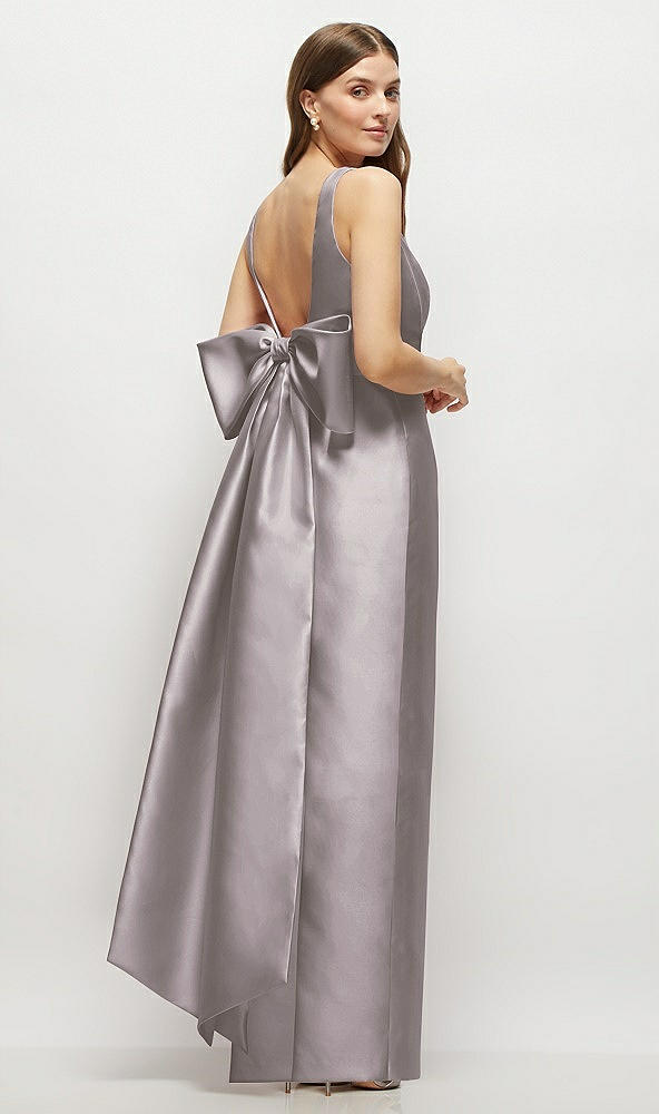 Front View - Cashmere Gray Scoop Neck Corset Satin Maxi Dress with Floor-Length Bow Tails