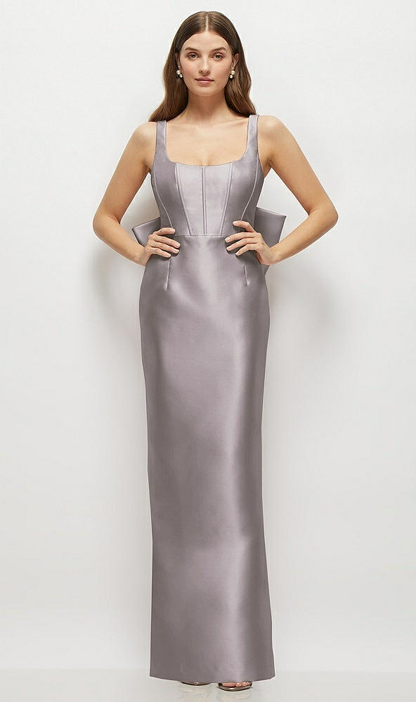 Back View - Cashmere Gray Scoop Neck Corset Satin Maxi Dress with Floor-Length Bow Tails