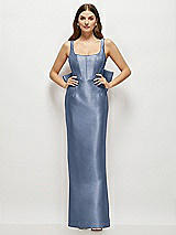 Rear View Thumbnail - Larkspur Blue Scoop Neck Corset Satin Maxi Dress with Floor-Length Bow Tails